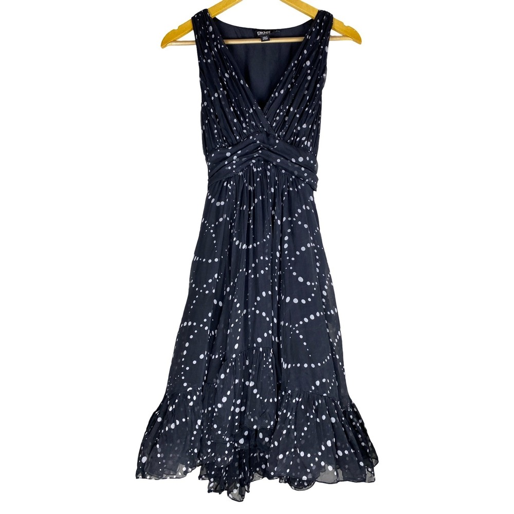 DKNY Silk Midi Dress Black White Polka Dot V-Neck Ruffle Hem Size 8